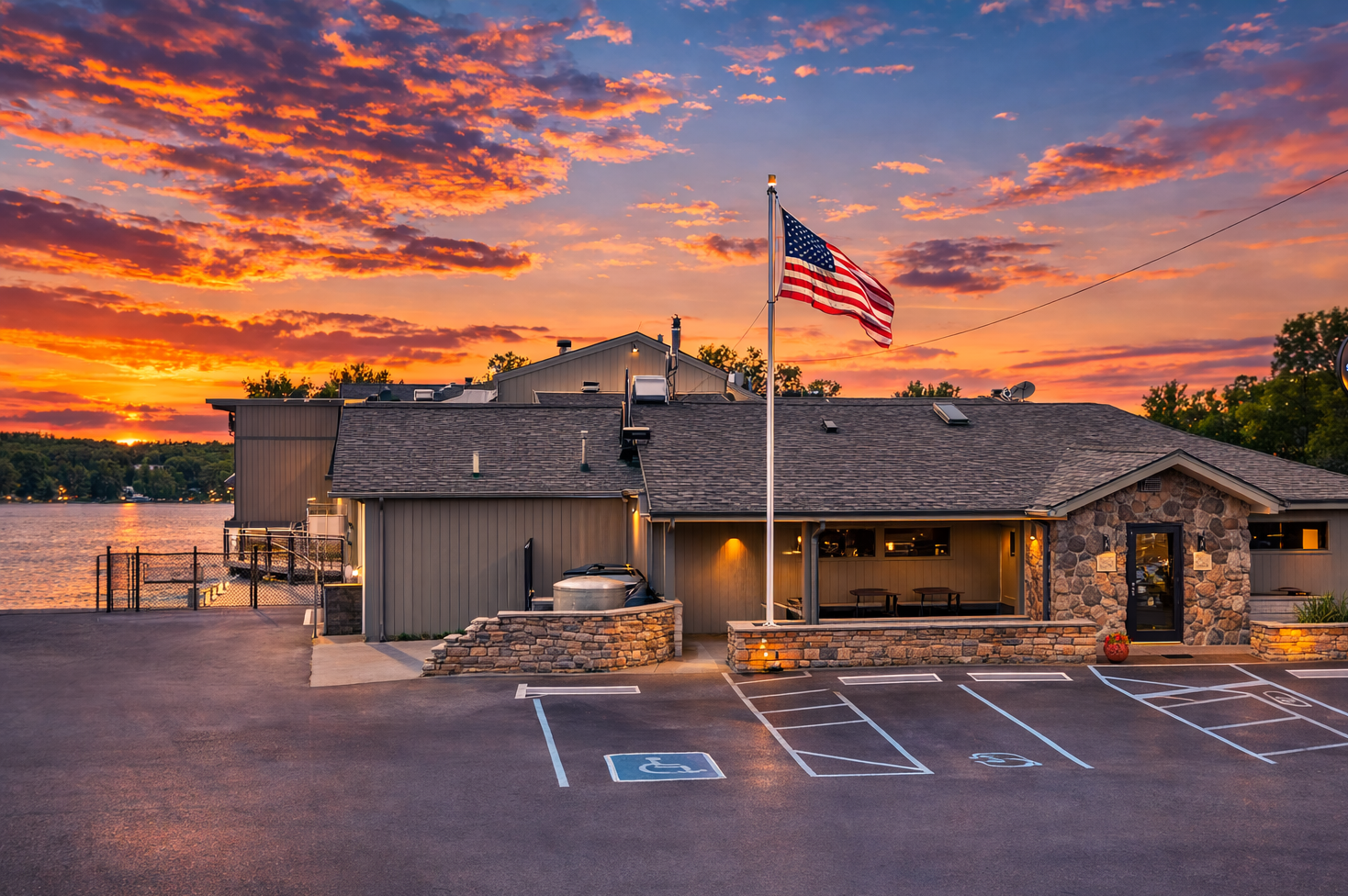 Lakepointe Yacht Club exterior at sunset
